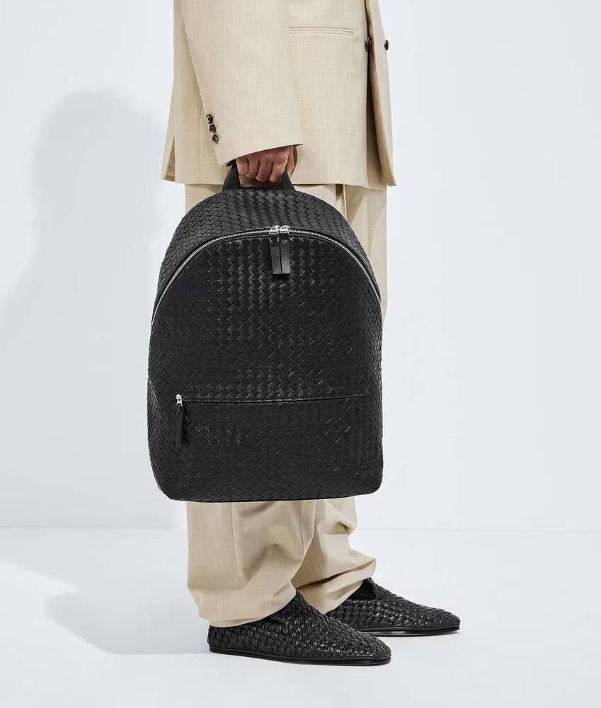 Black Intrecciato Silky Calf Leather Laptop Backpack