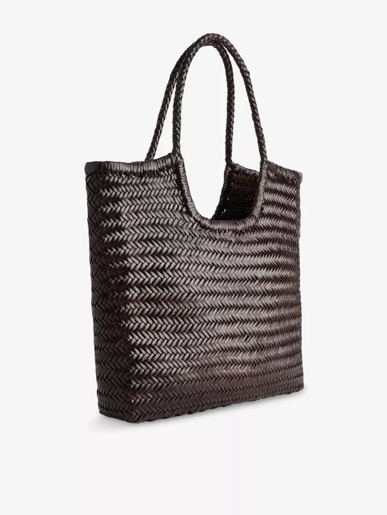 Herringbone Woven Open Top Leather Tote Handbag