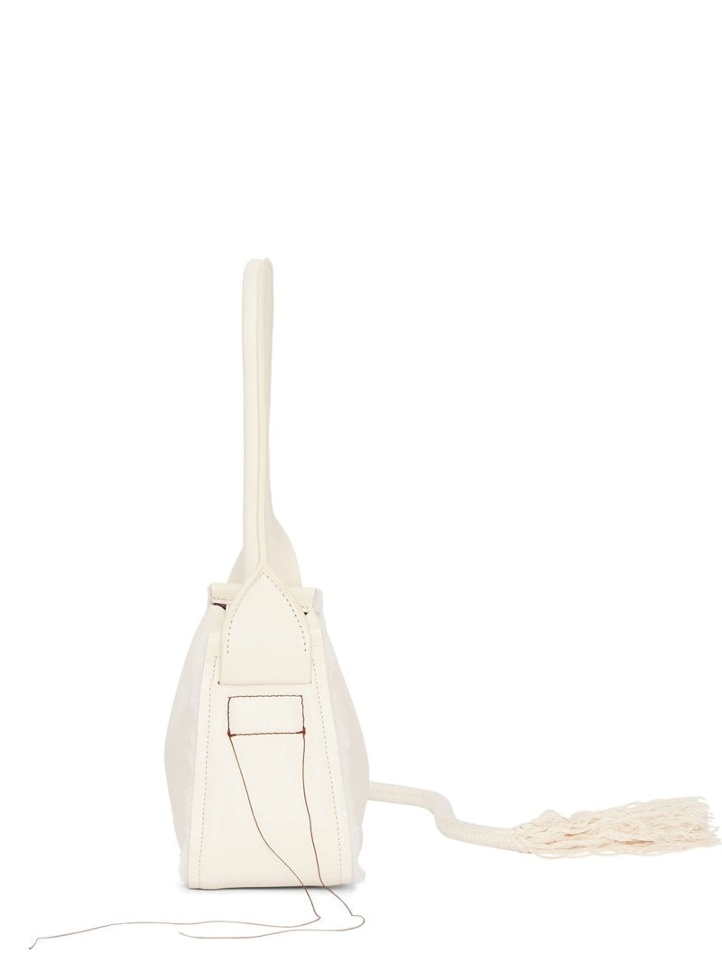 Cream Smooth Leather Fringe Baguette Shoulder Bag