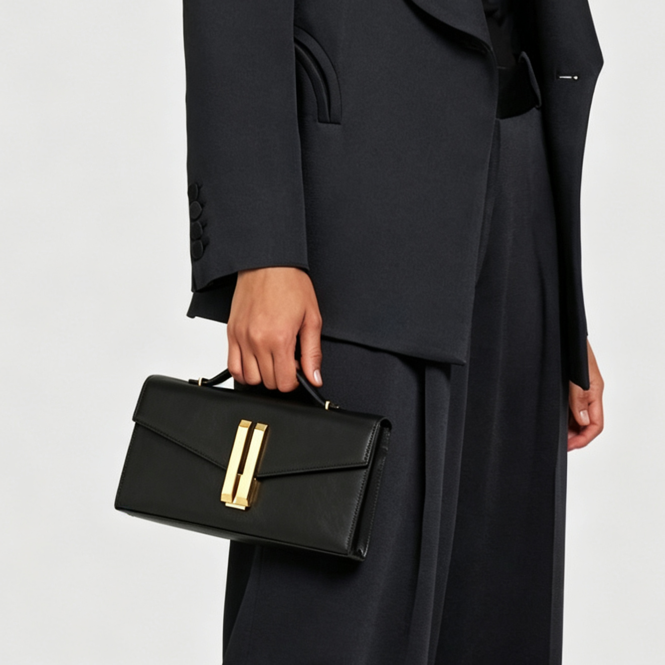 Black Smooth Leather Flap Clutch Bag With Gold Chain & Dual Handles
