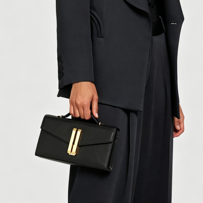 Black Smooth Leather Flap Clutch Bag With Gold Chain & Dual Handles