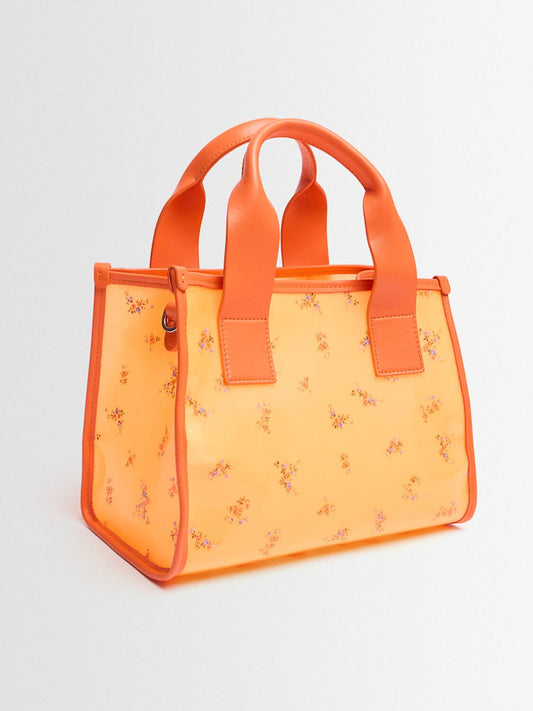 Orange Floral Transparent Mini Tote Bag With Detachable Strap