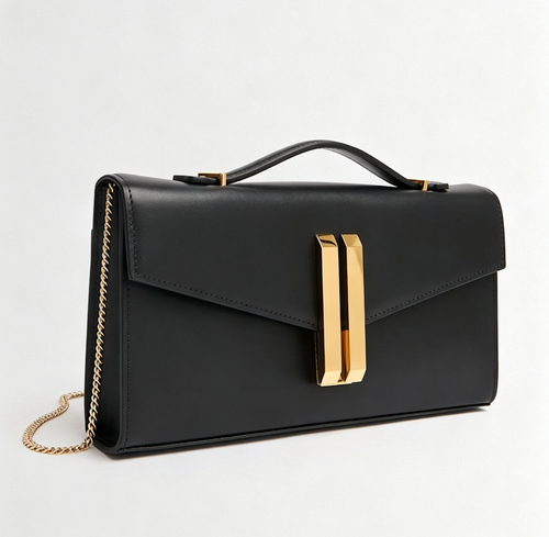 Black Smooth Leather Flap Clutch Bag With Gold Chain & Dual Handles