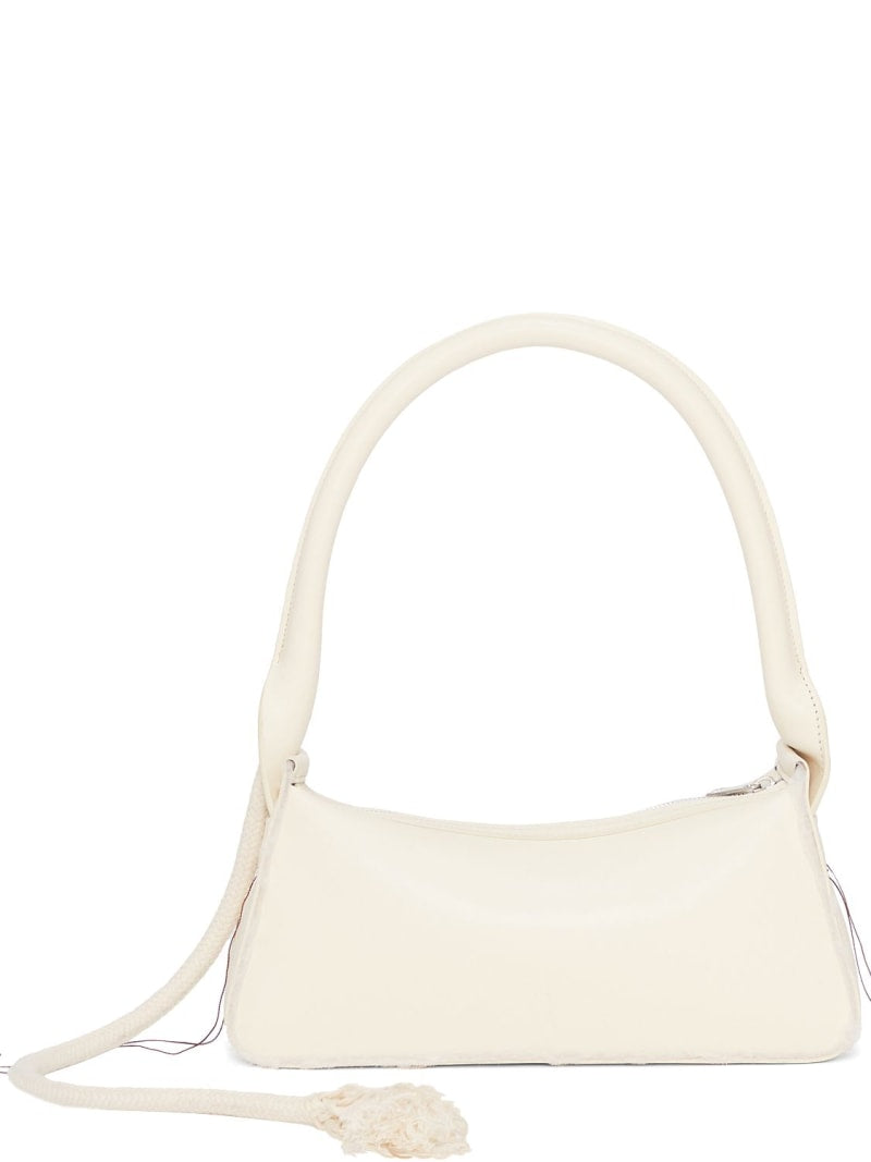 Cream Smooth Leather Fringe Baguette Shoulder Bag