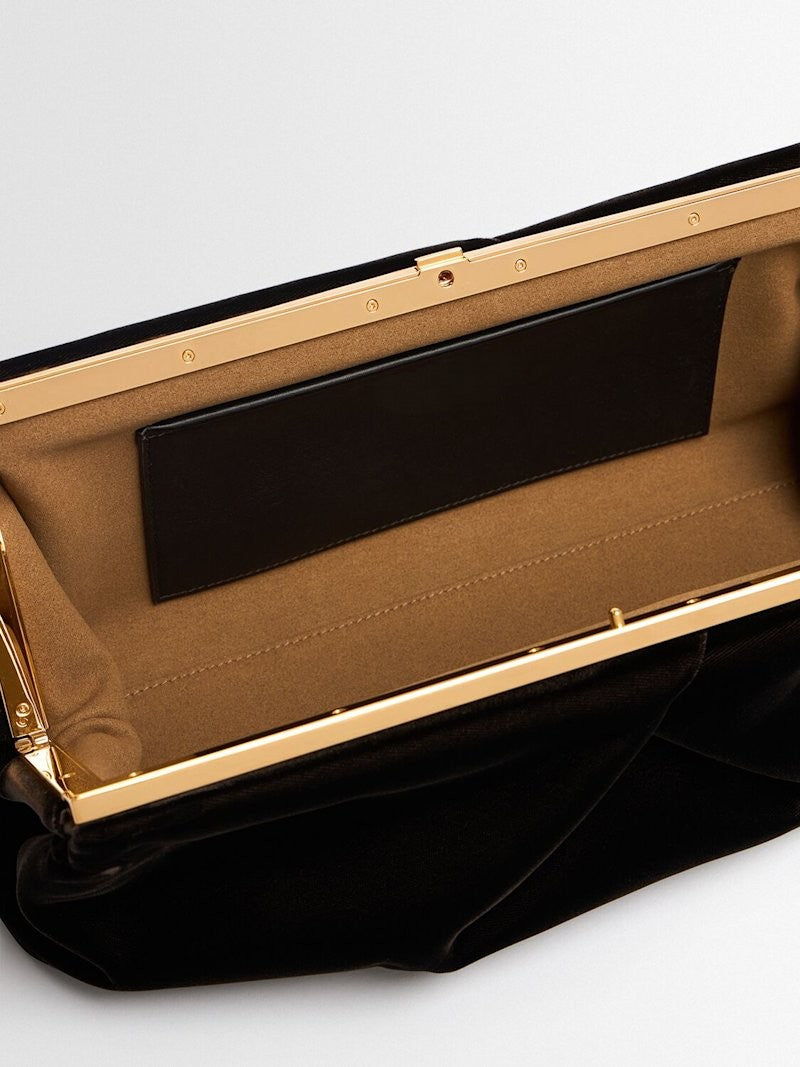 Dark Brown Velvet Ruched Frame Clutch Shoulder Bag