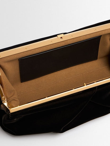 Dark Brown Velvet Ruched Frame Clutch Shoulder Bag