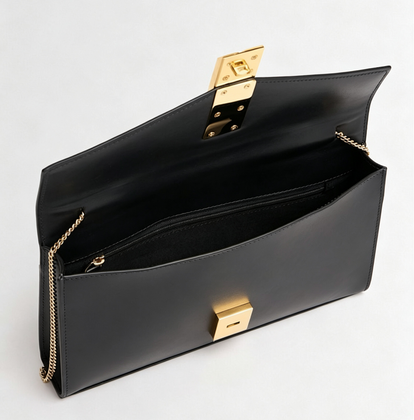 Black Smooth Leather Flap Clutch Bag With Gold Chain & Dual Handles