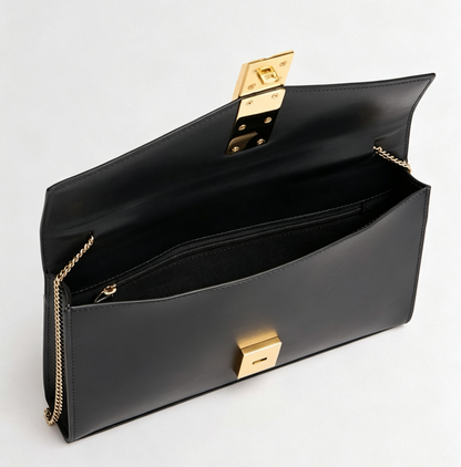 Black Smooth Leather Flap Clutch Bag With Gold Chain & Dual Handles