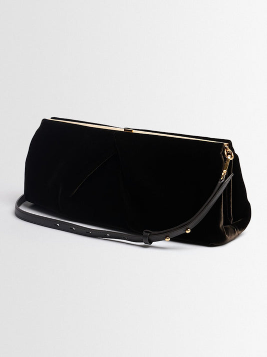 Dark Brown Velvet Ruched Frame Clutch Shoulder Bag