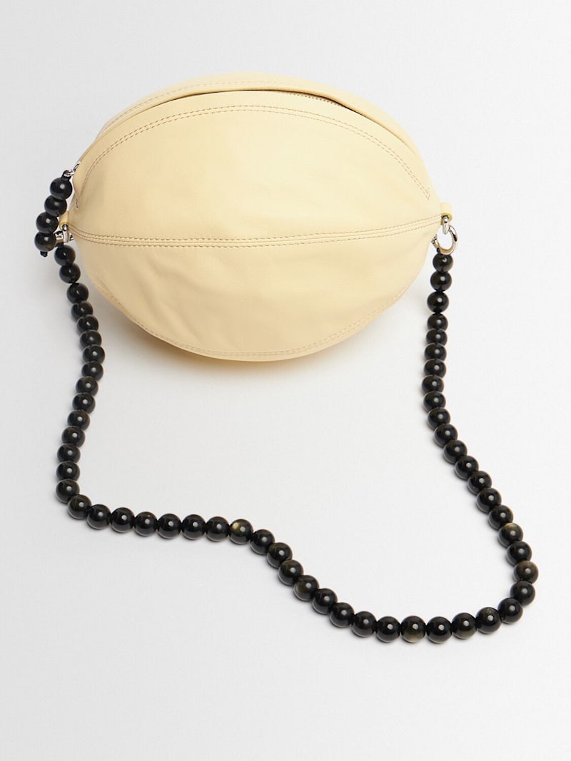 Custard Soft Oval Leather Bag With Fixed Beaded Chain Strap