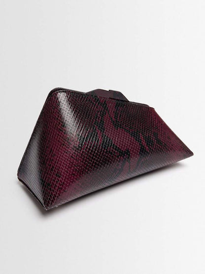 Burgundy Snake Emboss Geometric Frame Clutch