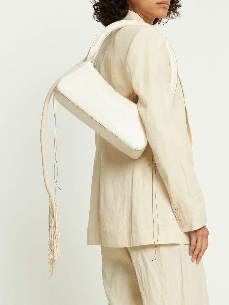 Cream Smooth Leather Fringe Baguette Shoulder Bag