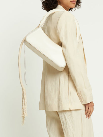 Cream Smooth Leather Fringe Baguette Shoulder Bag