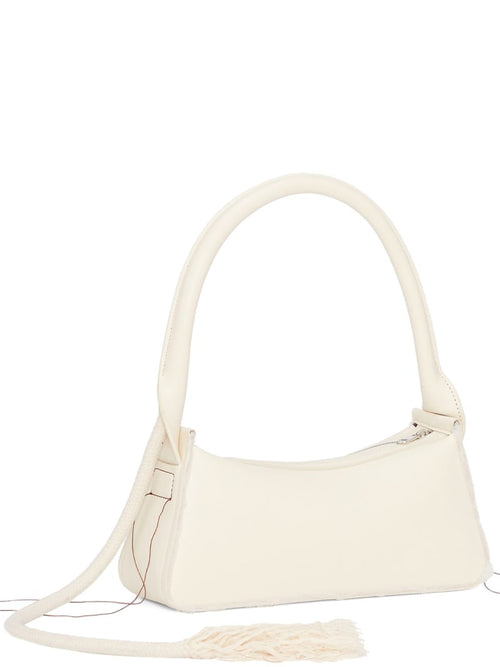 Cream Smooth Leather Fringe Baguette Shoulder Bag