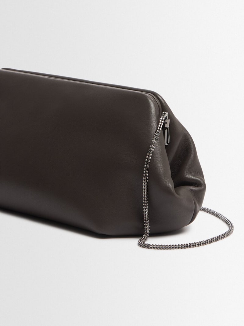 Dark Brown Lamb Leather Frame Clutch With Leather Insert Metal Chain Strap