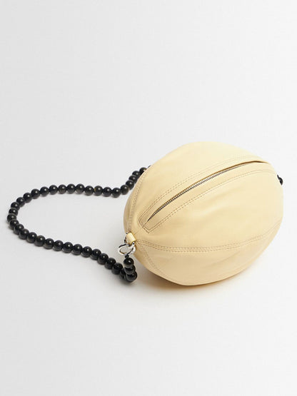 Custard Soft Oval Leather Bag With Fixed Beaded Chain Strap