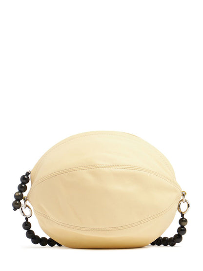 Custard Soft Oval Leather Bag With Fixed Beaded Chain Strap