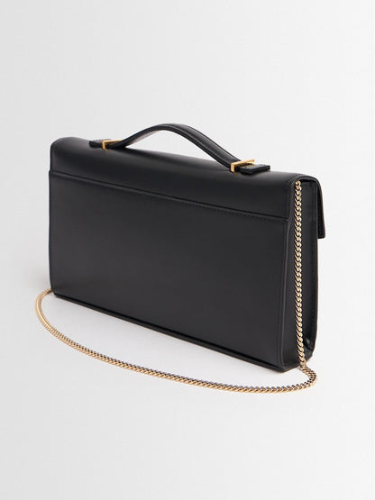 Black Smooth Leather Flap Clutch Bag With Gold Chain & Dual Handles