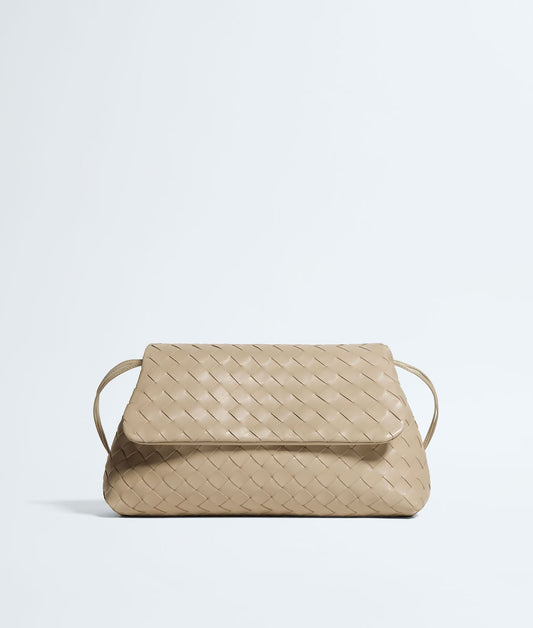 Intrecciato Woven Leather Drawstring Flap Shoulder Pouch