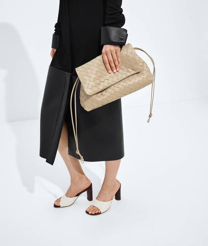 Intrecciato Woven Leather Drawstring Flap Shoulder Pouch