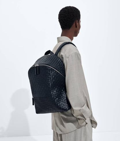 Black Intrecciato Silky Calf Leather Laptop Backpack