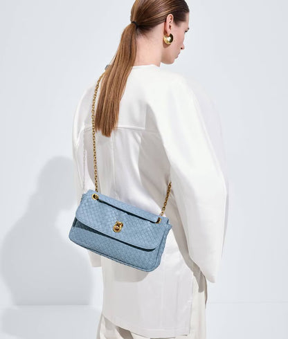 Ecru Intrecciato Woven Leather Chain Shoulder Bag With Knot Lock