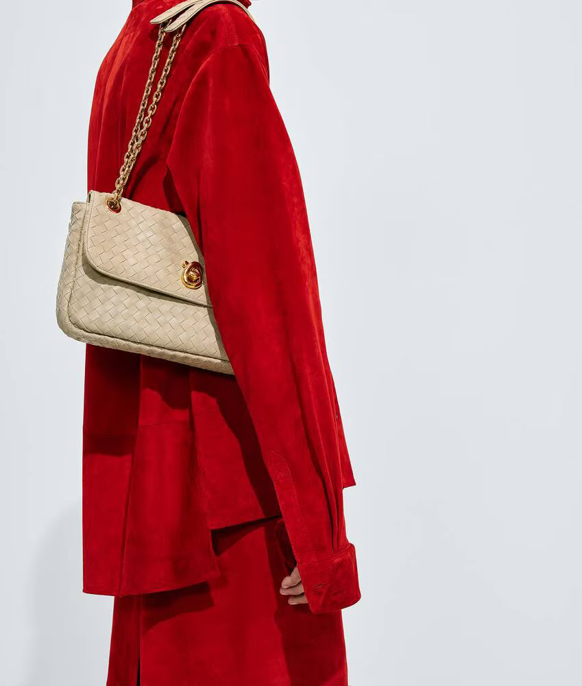 Ecru Intrecciato Woven Leather Chain Shoulder Bag With Knot Lock