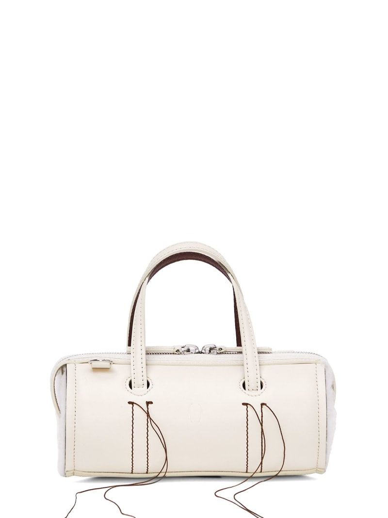 Cream Leather Cylinder Handbag With Decorative Fringe Stitching