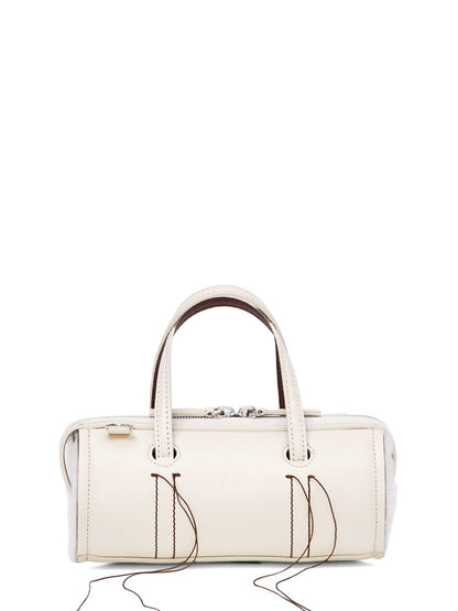 Cream Leather Cylinder Handbag With Decorative Fringe Stitching
