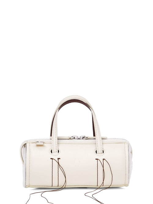 Cream Leather Cylinder Handbag With Decorative Fringe Stitching