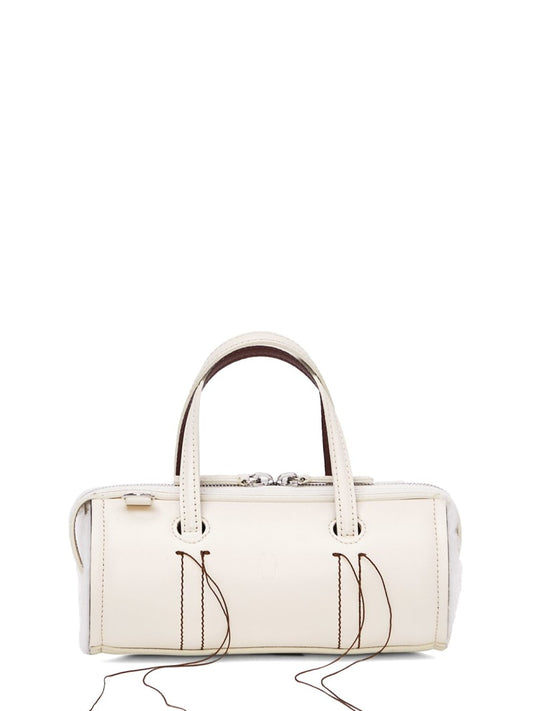 Cream Leather Cylinder Handbag With Decorative Fringe Stitching