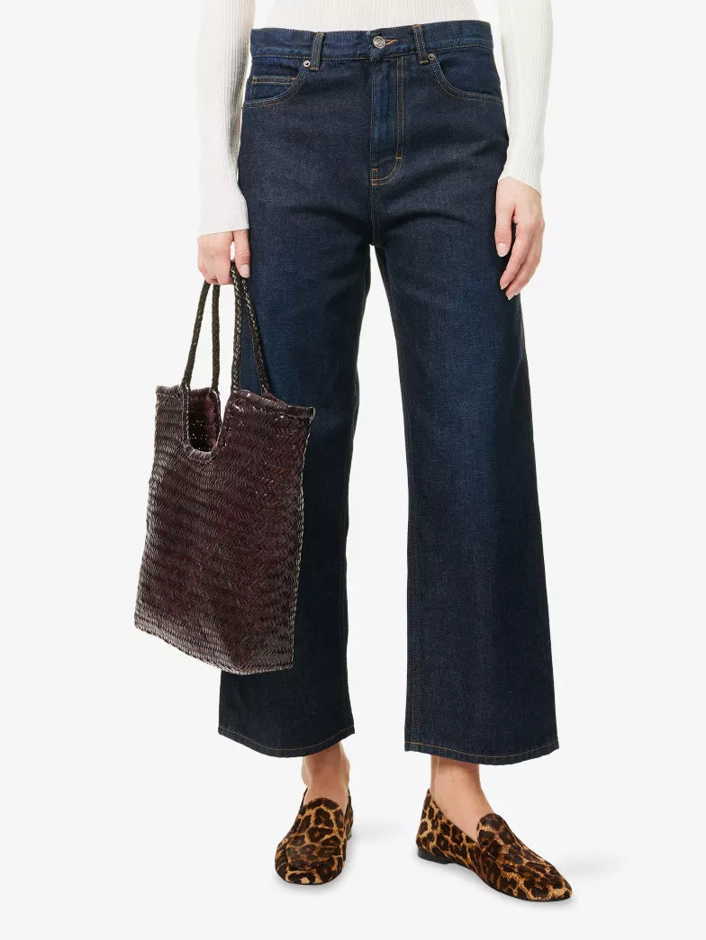 Herringbone Woven Open Top Leather Tote Handbag