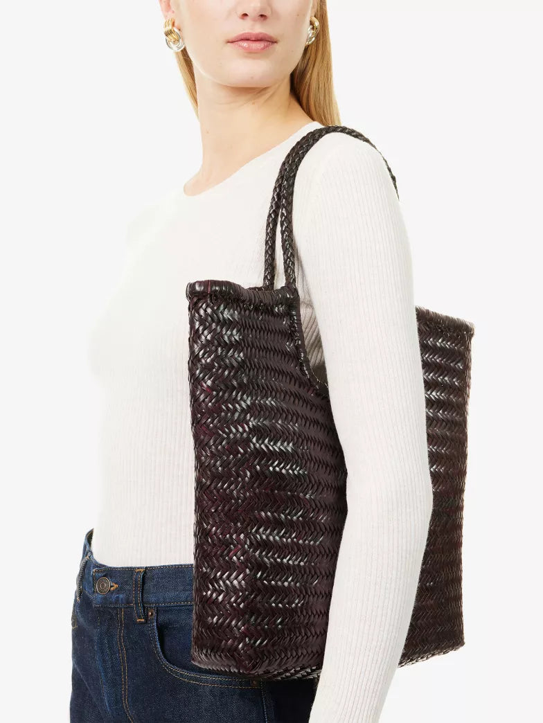 Herringbone Woven Open Top Leather Tote Handbag