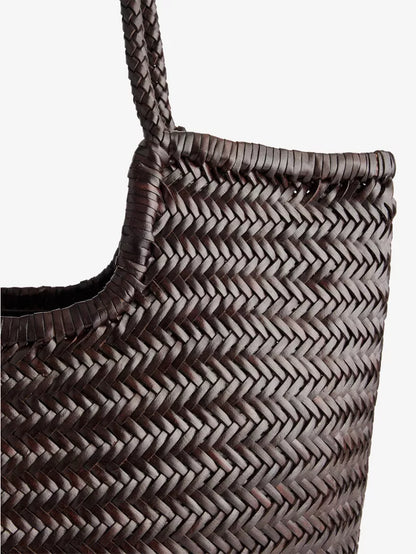 Herringbone Woven Open Top Leather Tote Handbag