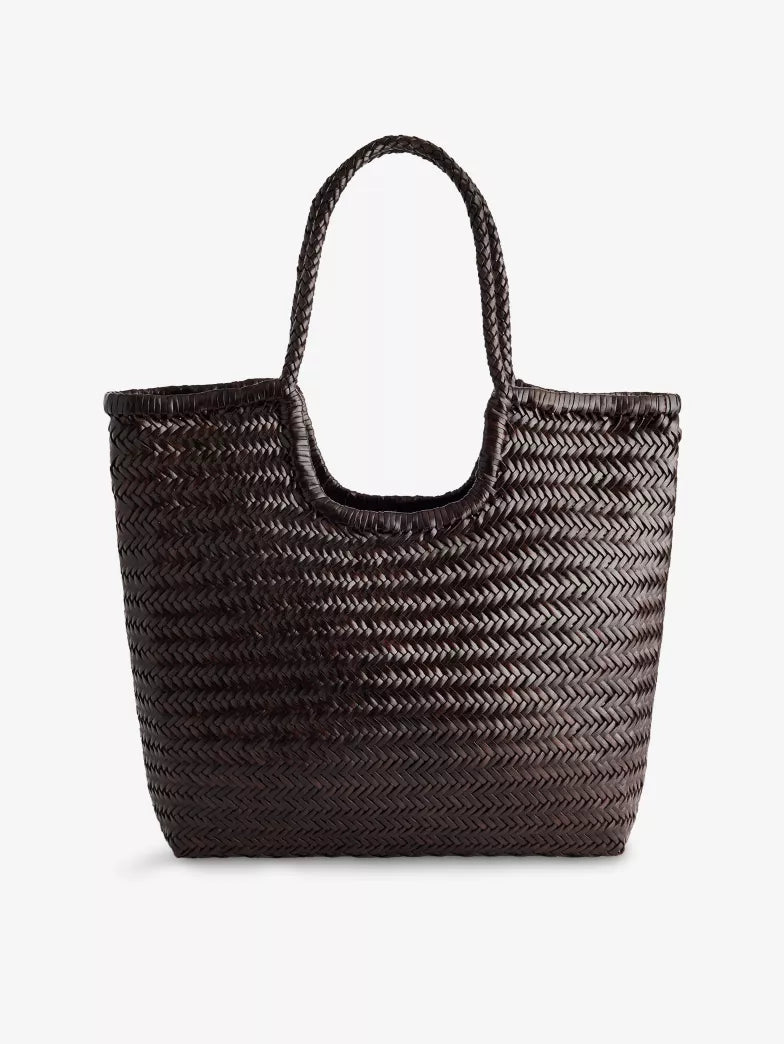 Herringbone Woven Open Top Leather Tote Handbag