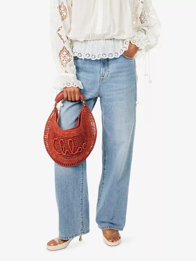 Curved Crochet Raffia Top Handle Hobo Handbag