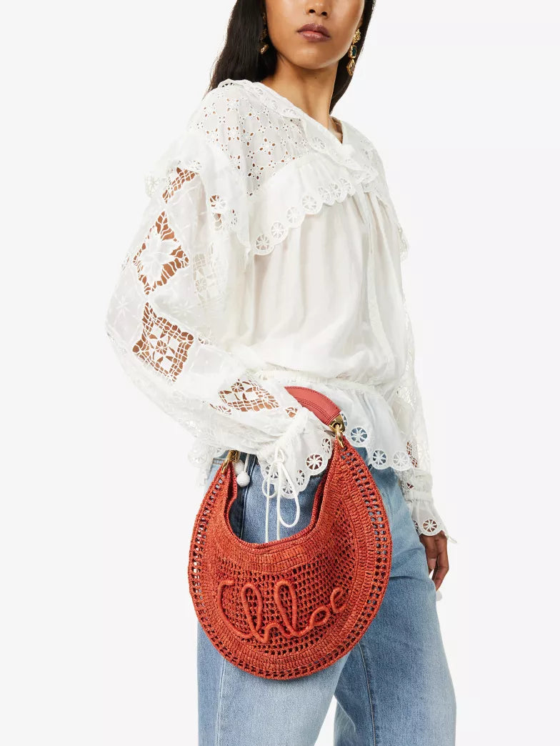 Curved Crochet Raffia Top Handle Hobo Handbag