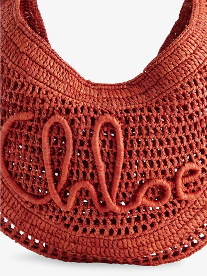 Curved Crochet Raffia Top Handle Hobo Handbag