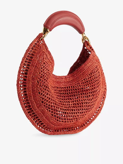 Curved Crochet Raffia Top Handle Hobo Handbag