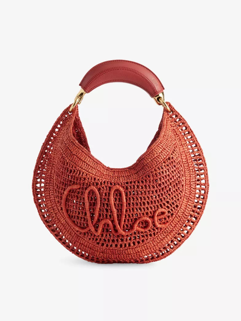 Curved Crochet Raffia Top Handle Hobo Handbag