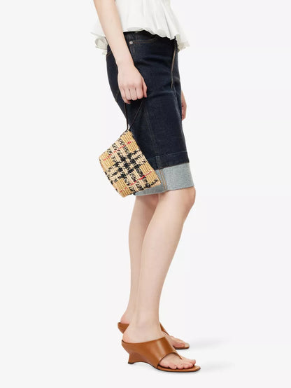 Hand Crocheted Check Raffia Wrist Pouch Bag