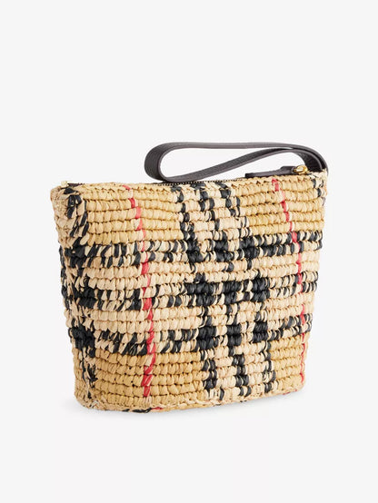 Hand Crocheted Check Raffia Wrist Pouch Bag