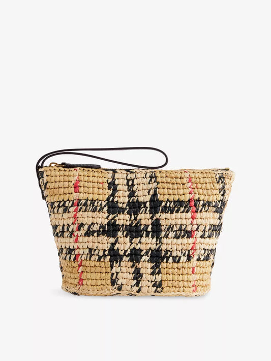 Hand Crocheted Check Raffia Wrist Pouch Bag