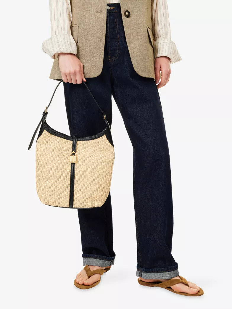 Contrast Leather Trim Raffia Shoulder Hobo Bag