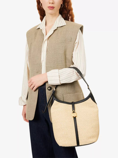 Contrast Leather Trim Raffia Shoulder Hobo Bag