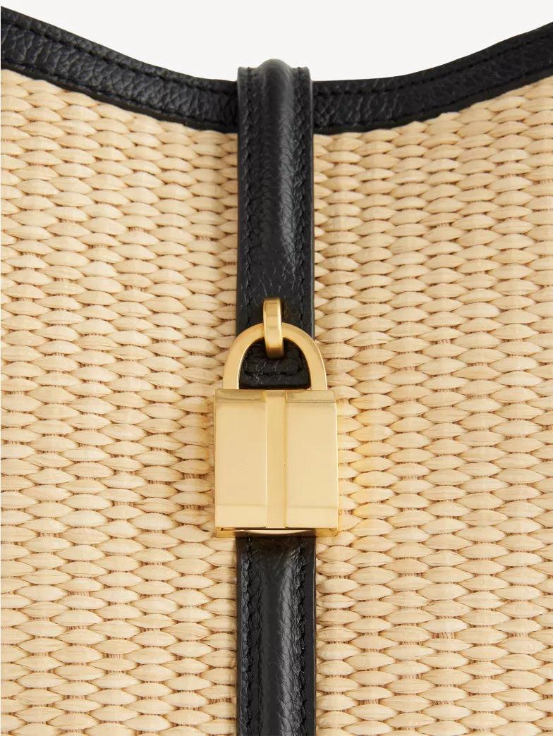 Contrast Leather Trim Raffia Shoulder Hobo Bag