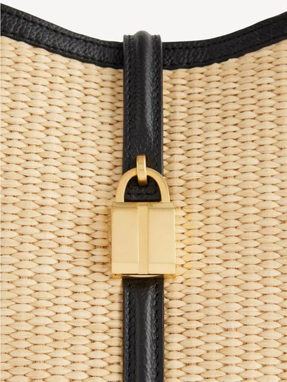 Contrast Leather Trim Raffia Shoulder Hobo Bag