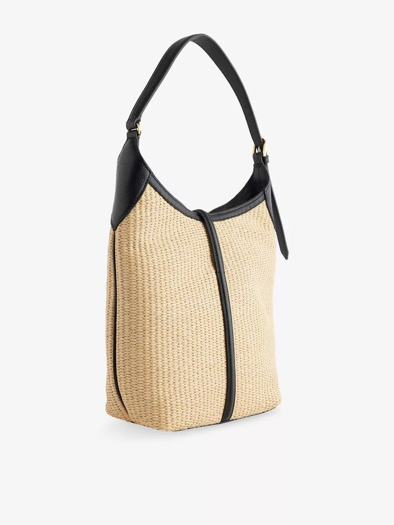 Contrast Leather Trim Raffia Shoulder Hobo Bag