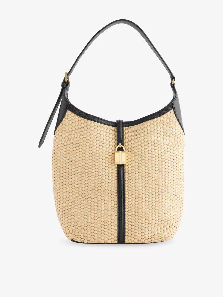 Contrast Leather Trim Raffia Shoulder Hobo Bag
