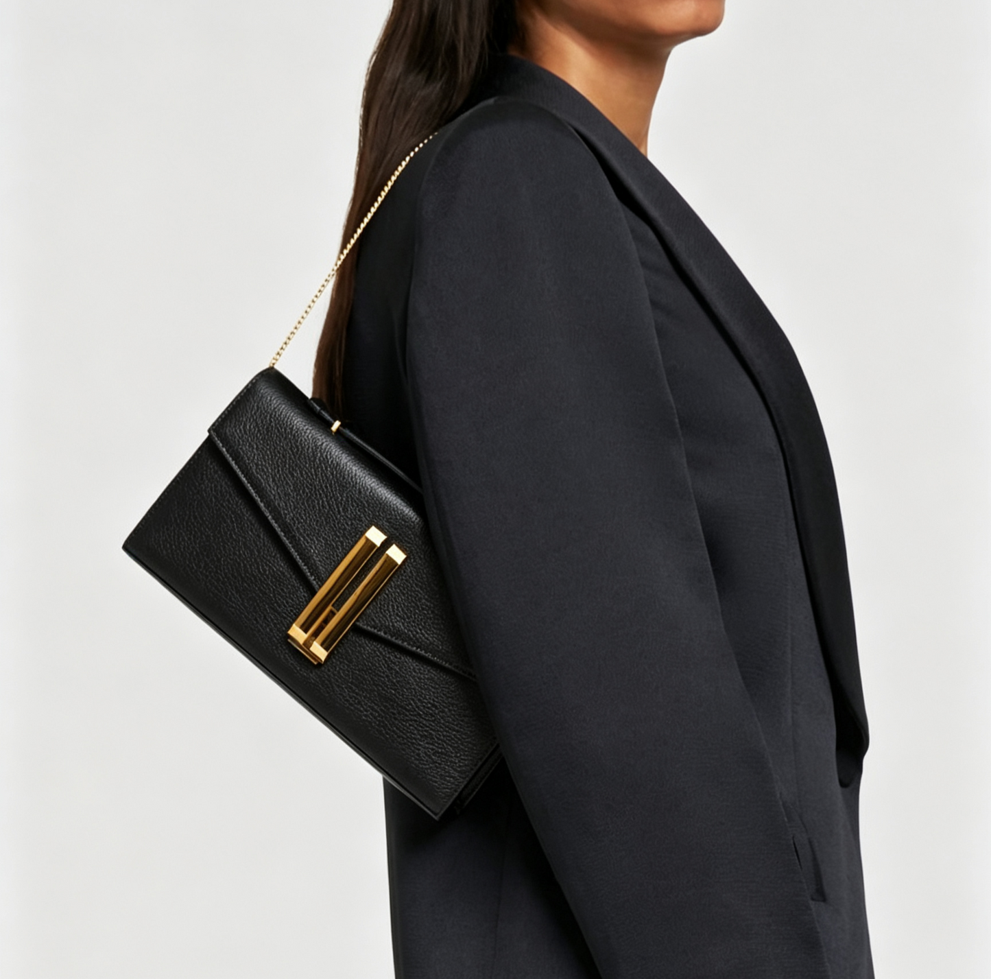 Black Smooth Leather Flap Clutch Bag With Gold Chain & Dual Handles